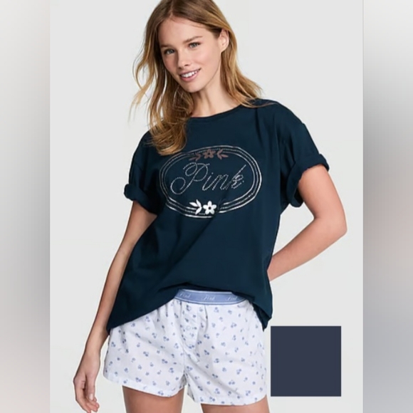 PINK Campus Cotton Tee. Spring Collection 2025. Navy Blue Logo Bling. Si… - Picture 1 of 6